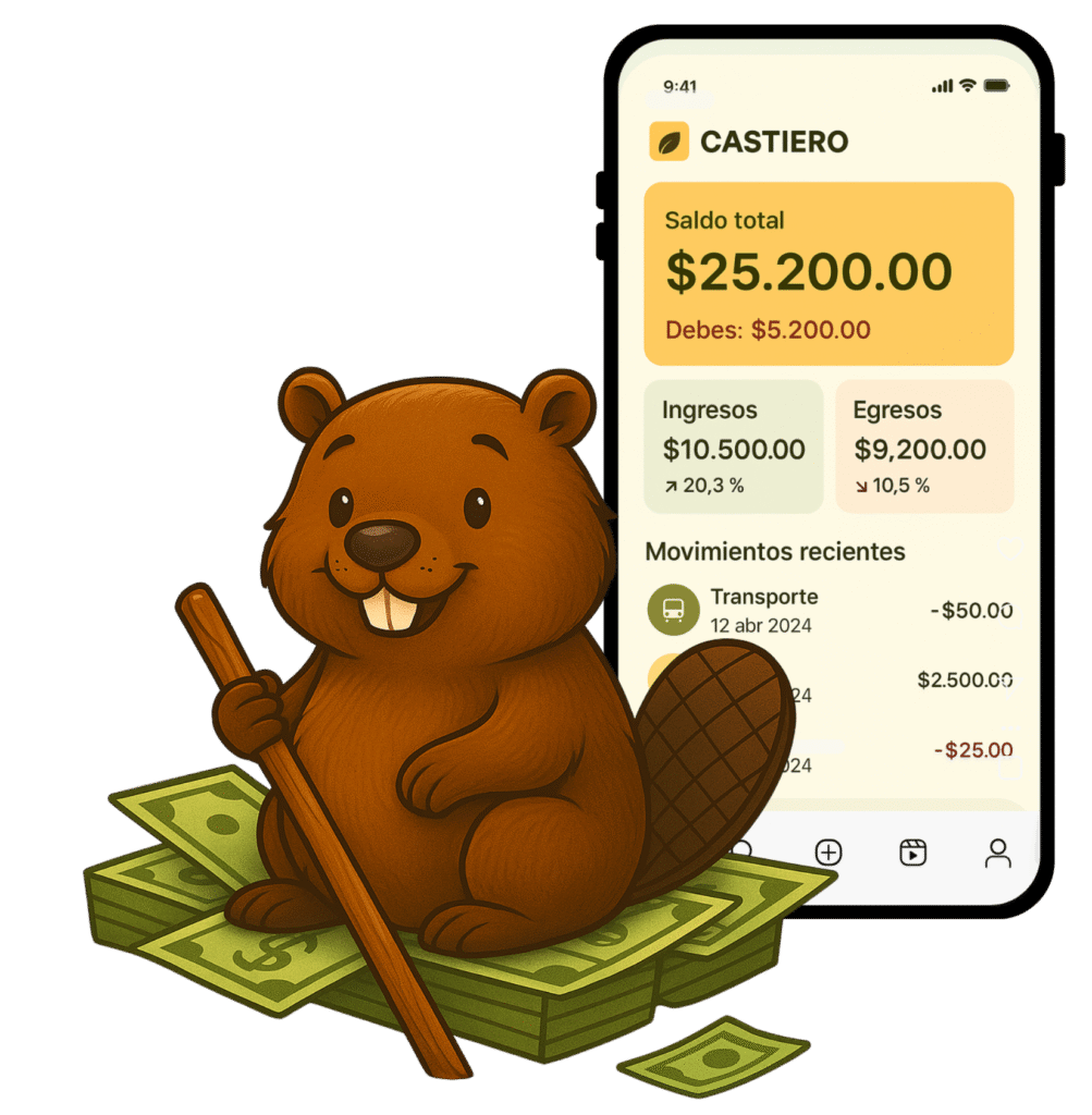 Mascota de Castiero navegando sobre dinero, representando educación financiera, ahorro y transformación de hábitos